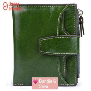 Genuine Leather RFID Blocking Compact Wallet with Zipper Pocket